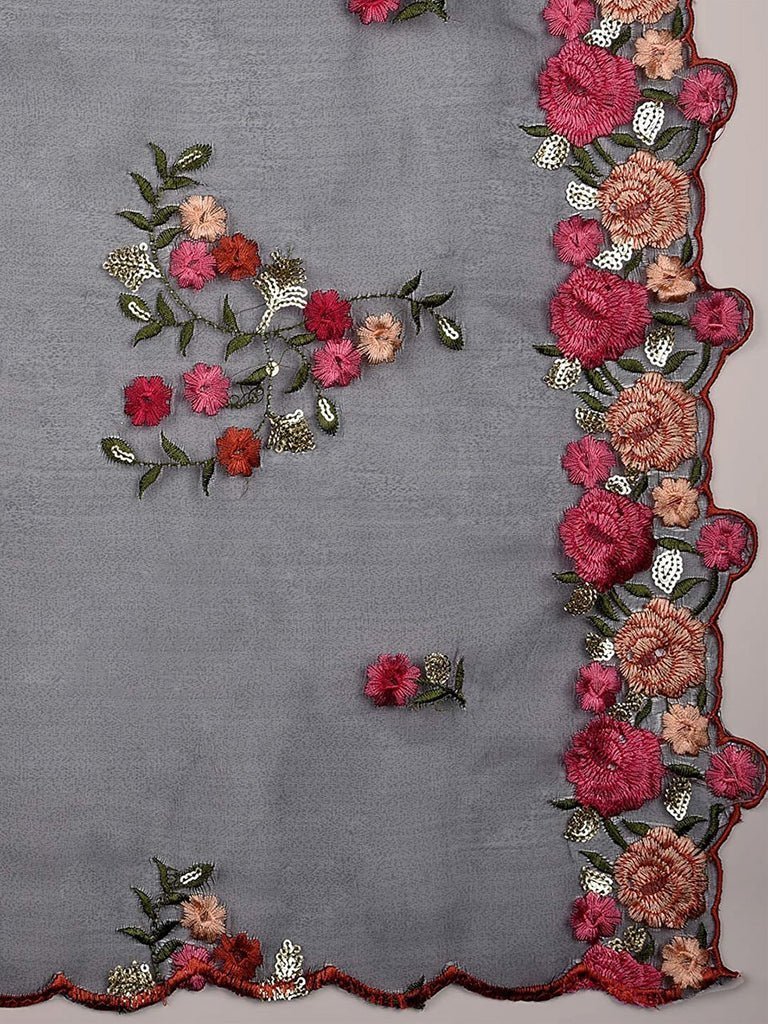 Organza Dupatta with Multicolor Floral Embroidery - Image 7
