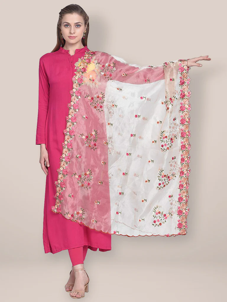 Organza Dupatta with Multicolor Floral Embroidery - Image 2