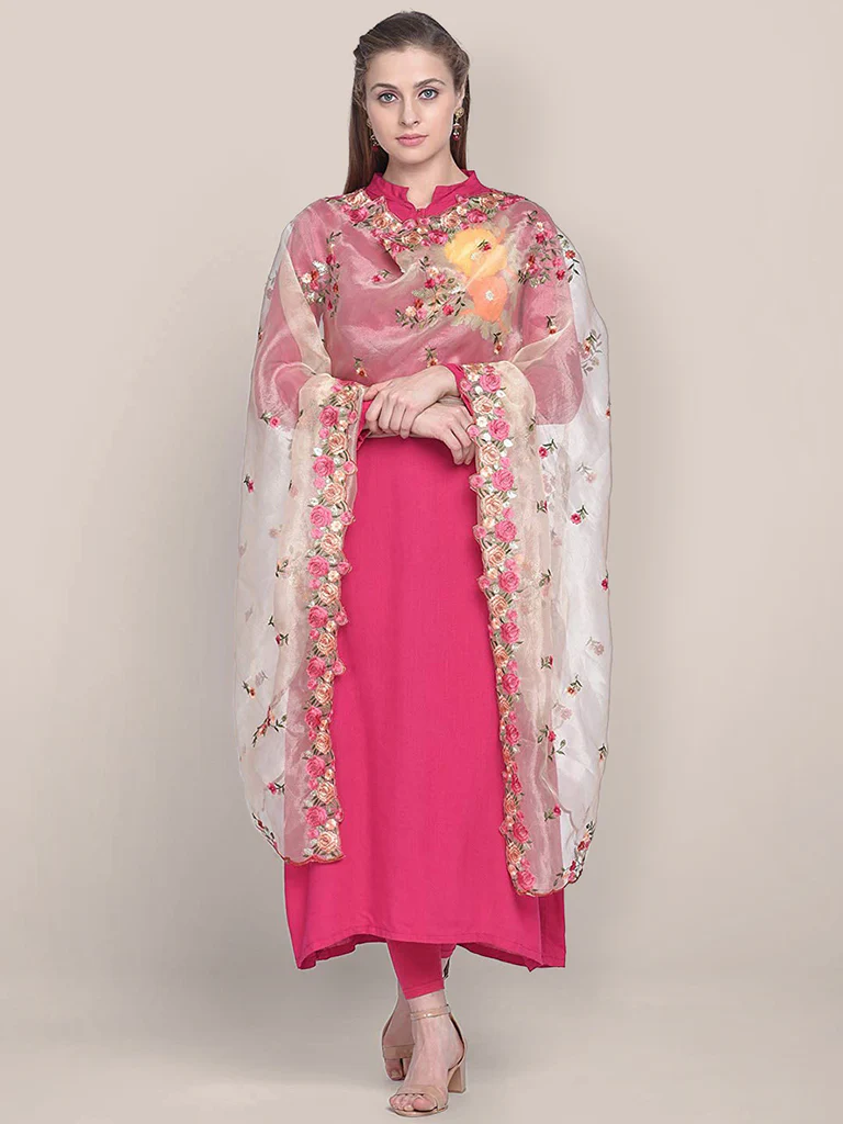 Organza Dupatta with Multicolor Floral Embroidery - Image 5