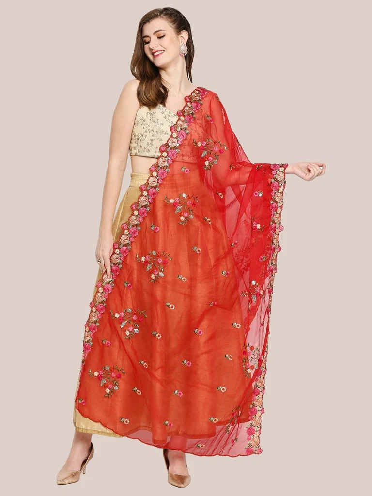 Organza Dupatta with Multicolor Floral Embroidery - Image 2