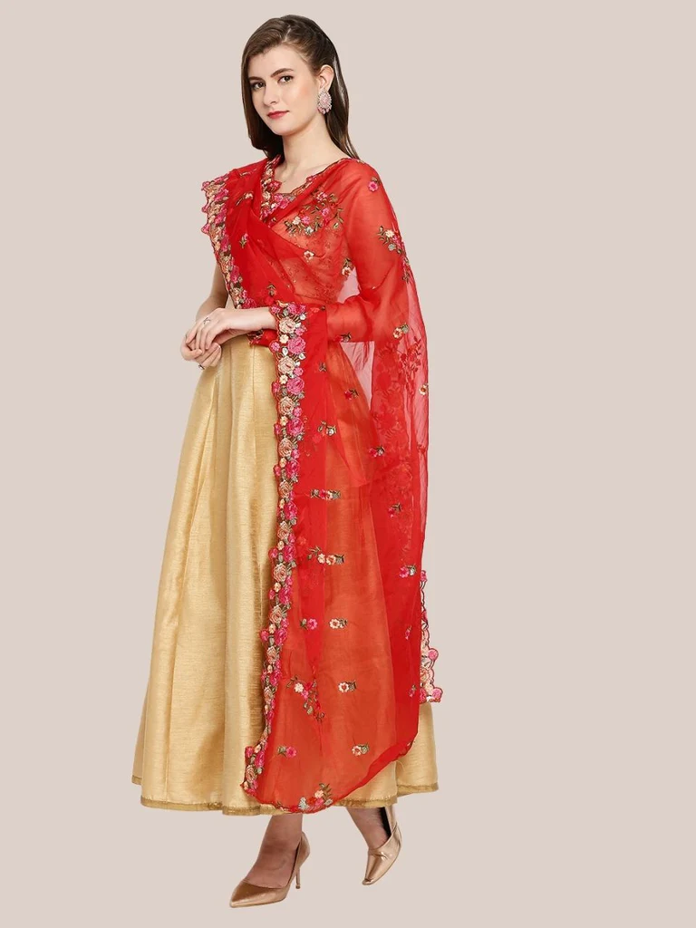 Organza Dupatta with Multicolor Floral Embroidery - Image 3