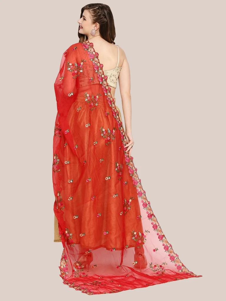 Organza Dupatta with Multicolor Floral Embroidery - Image 4