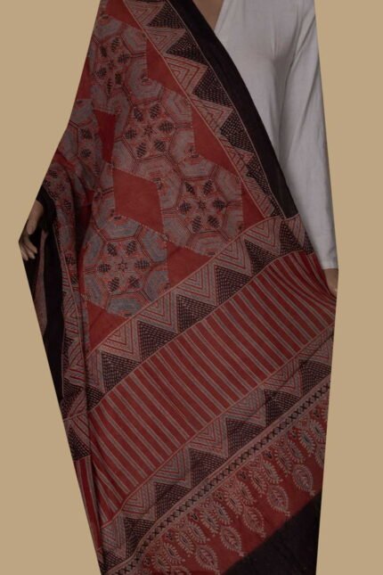Maroon Ajrak Mul Cotton Dupatta