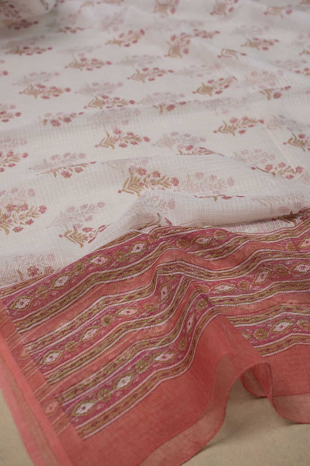 Butta Floral - Cream Block Printed Kota Cotton Dupatta - Image 4