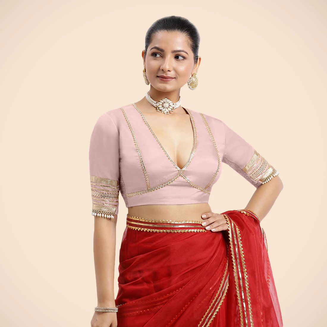 Elbow Sleeves Baby Pink FlexiFi Gota Embellished Saree Blouse with Plunging V-Neck - Image 4