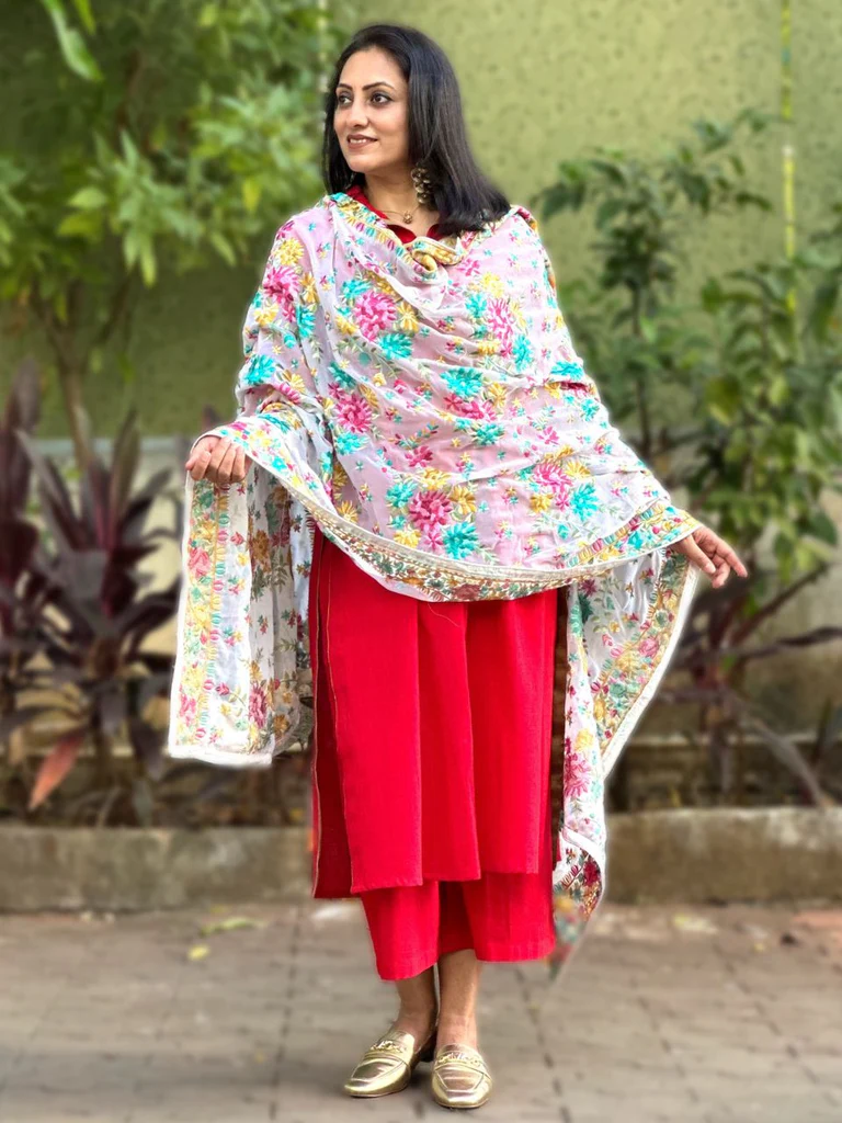 Floral Embroidered White & Multi Georgette Dupatta - Image 3