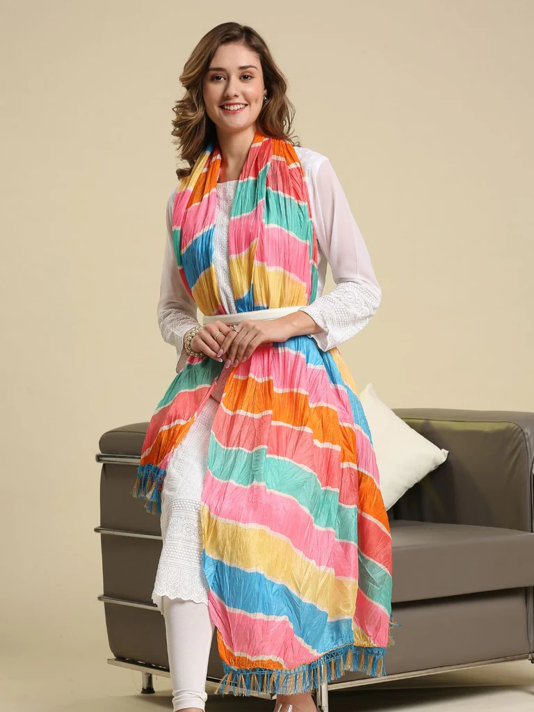 Pastel Multicolored Striped Printed Art Silk Crushed Dupatta - Image 3