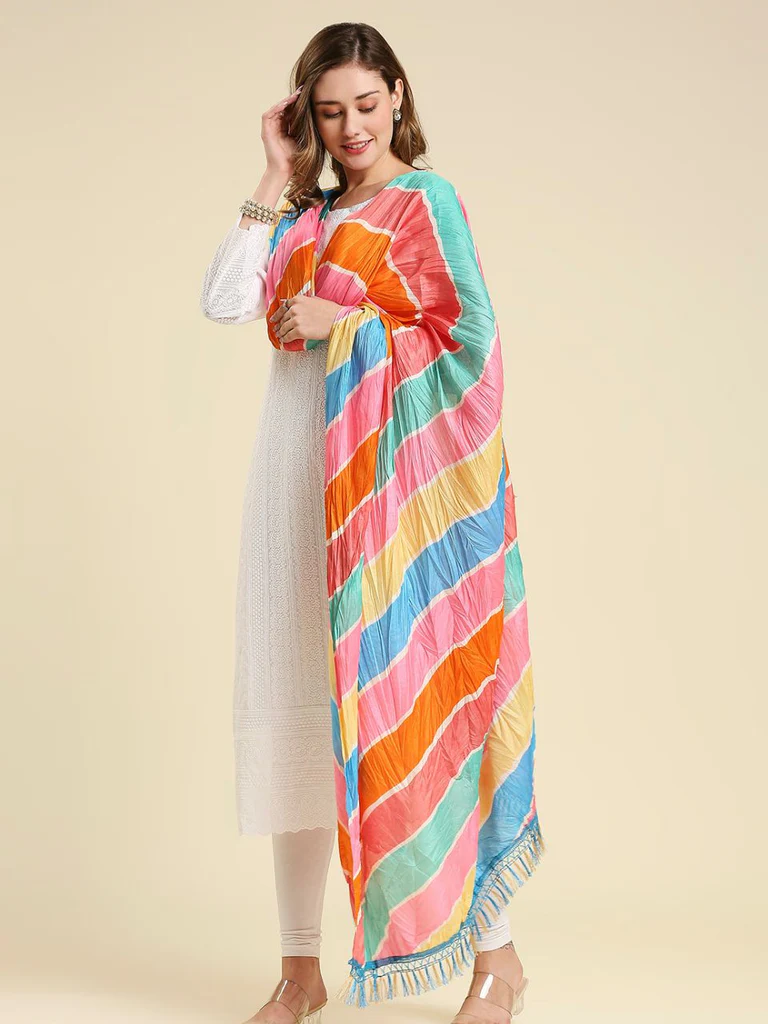 Pastel Multicolored Striped Printed Art Silk Crushed Dupatta - Image 5