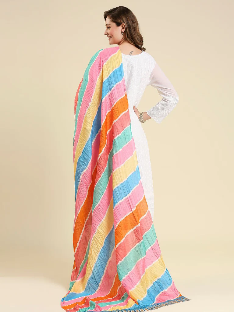 Pastel Multicolored Striped Printed Art Silk Crushed Dupatta - Image 6