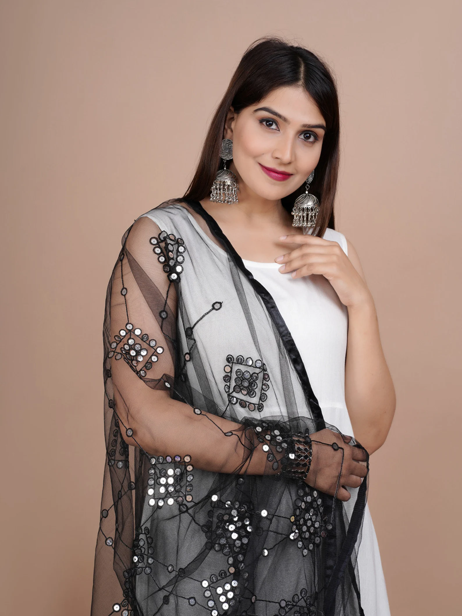 Indian Bollywood Solid Designer Net Sequence Dupatta, Scarf, Shawl, Chunni Latest Wedding Women Dupatta with Matching Lace, Gift for Her - Image 2