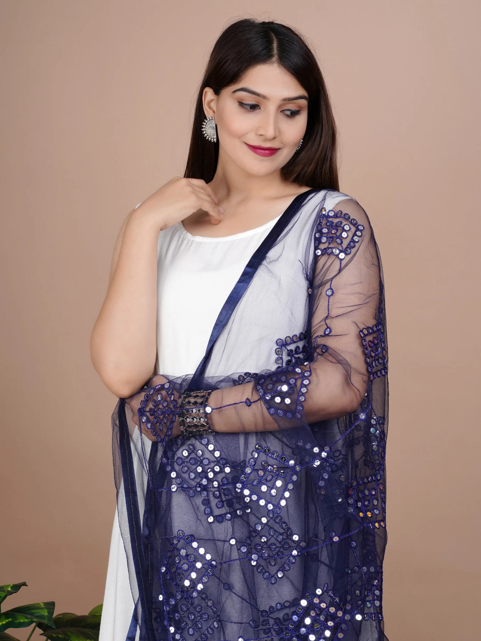 Indian Bollywood Solid Designer Net Sequence Dupatta, Scarf, Shawl, Chunni Latest Wedding Women Dupatta with Matching Lace, Gift for Her - Image 5