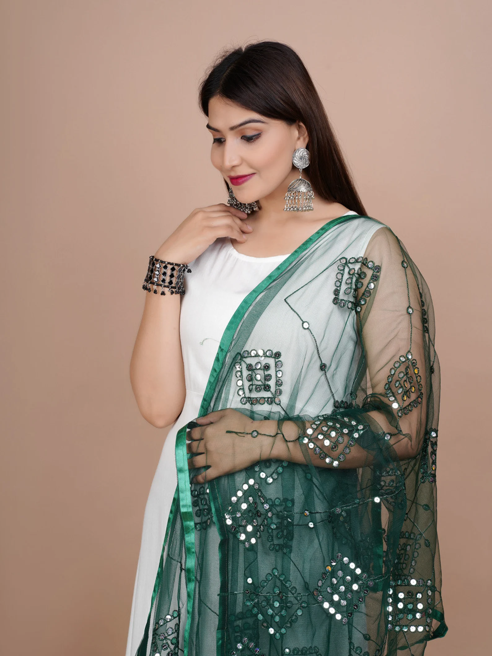 Indian Bollywood Solid Designer Net Sequence Dupatta, Scarf, Shawl, Chunni Latest Wedding Women Dupatta with Matching Lace, Gift for Her - Image 6