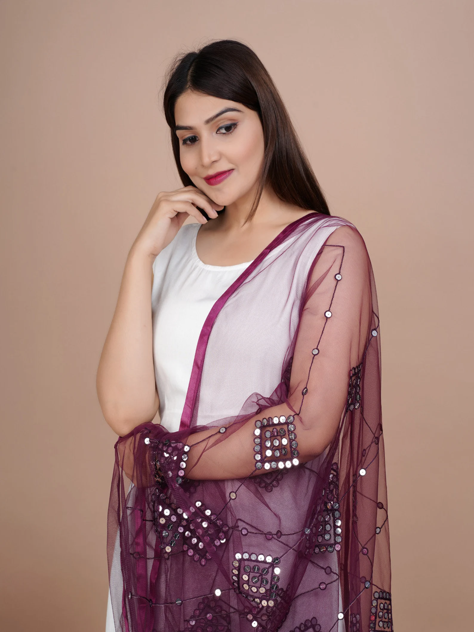 Indian Bollywood Solid Designer Net Sequence Dupatta, Scarf, Shawl, Chunni Latest Wedding Women Dupatta with Matching Lace, Gift for Her - Image 8