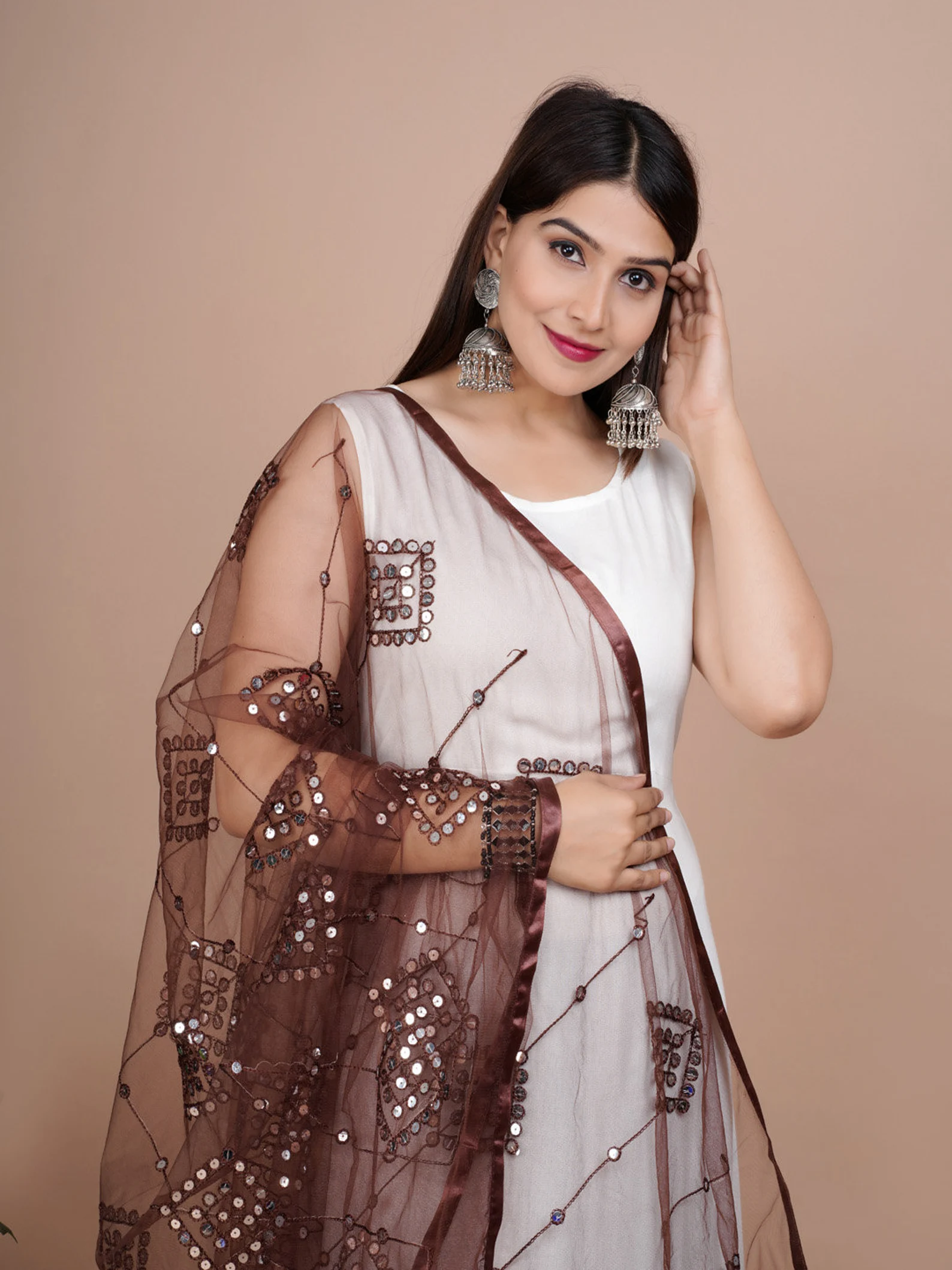 Indian Bollywood Solid Designer Net Sequence Dupatta, Scarf, Shawl, Chunni Latest Wedding Women Dupatta with Matching Lace, Gift for Her - Image 9