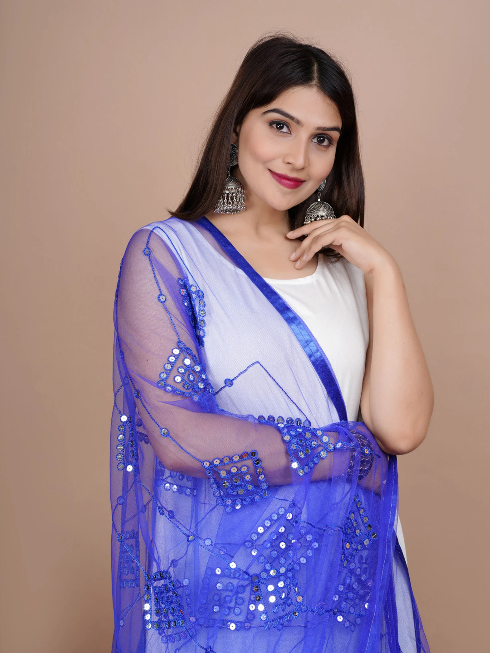 Indian Bollywood Solid Designer Net Sequence Dupatta, Scarf, Shawl, Chunni Latest Wedding Women Dupatta with Matching Lace, Gift for Her - Image 10