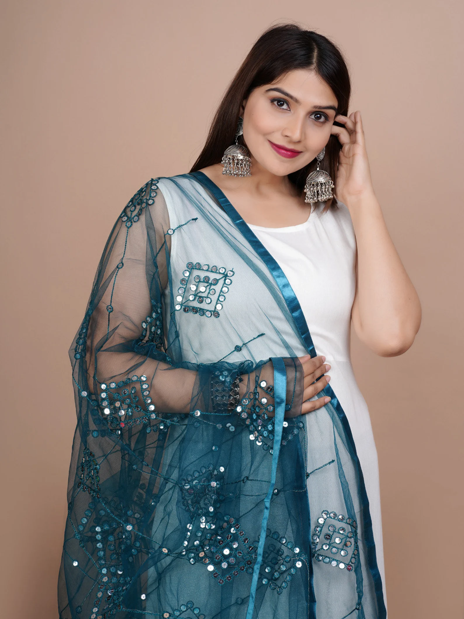 Indian Bollywood Solid Designer Net Sequence Dupatta, Scarf, Shawl, Chunni Latest Wedding Women Dupatta with Matching Lace, Gift for Her - Image 11