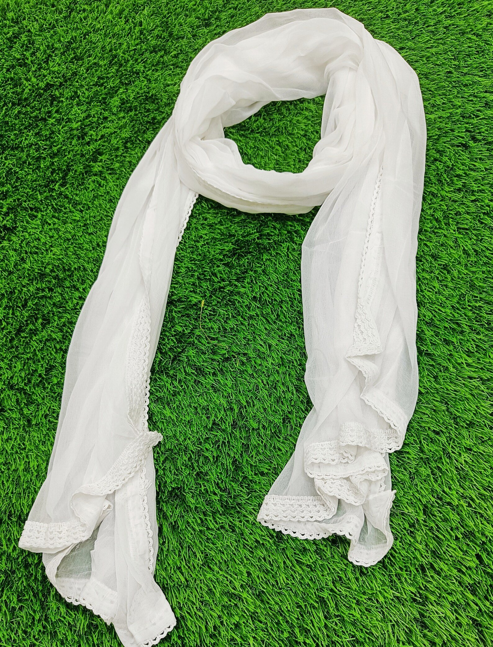 Plain White Chiffon Dupatta With Crochet lace Border