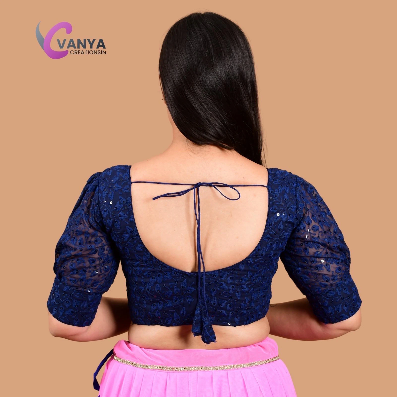 Chikankari embroidery Round-Neck Sleeves Cotton Saree Blouse - Non-Padded - Image 2