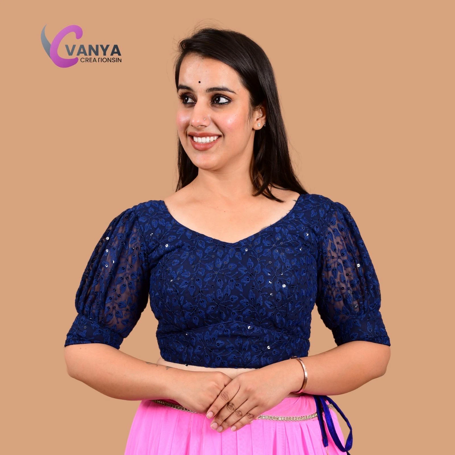 Chikankari embroidery Round-Neck Sleeves Cotton Saree Blouse - Non-Padded - Image 5