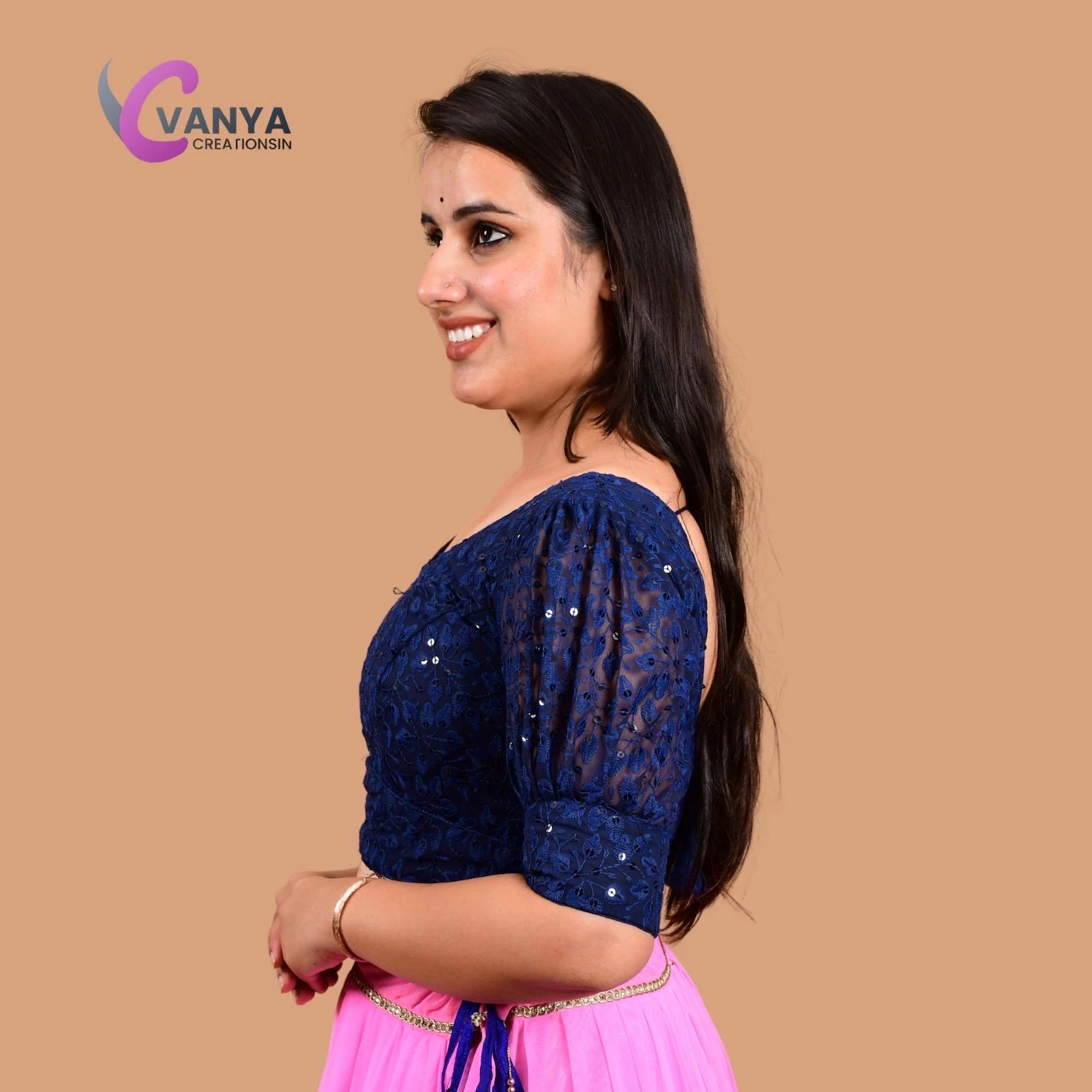 Chikankari embroidery Round-Neck Sleeves Cotton Saree Blouse - Non-Padded - Image 7