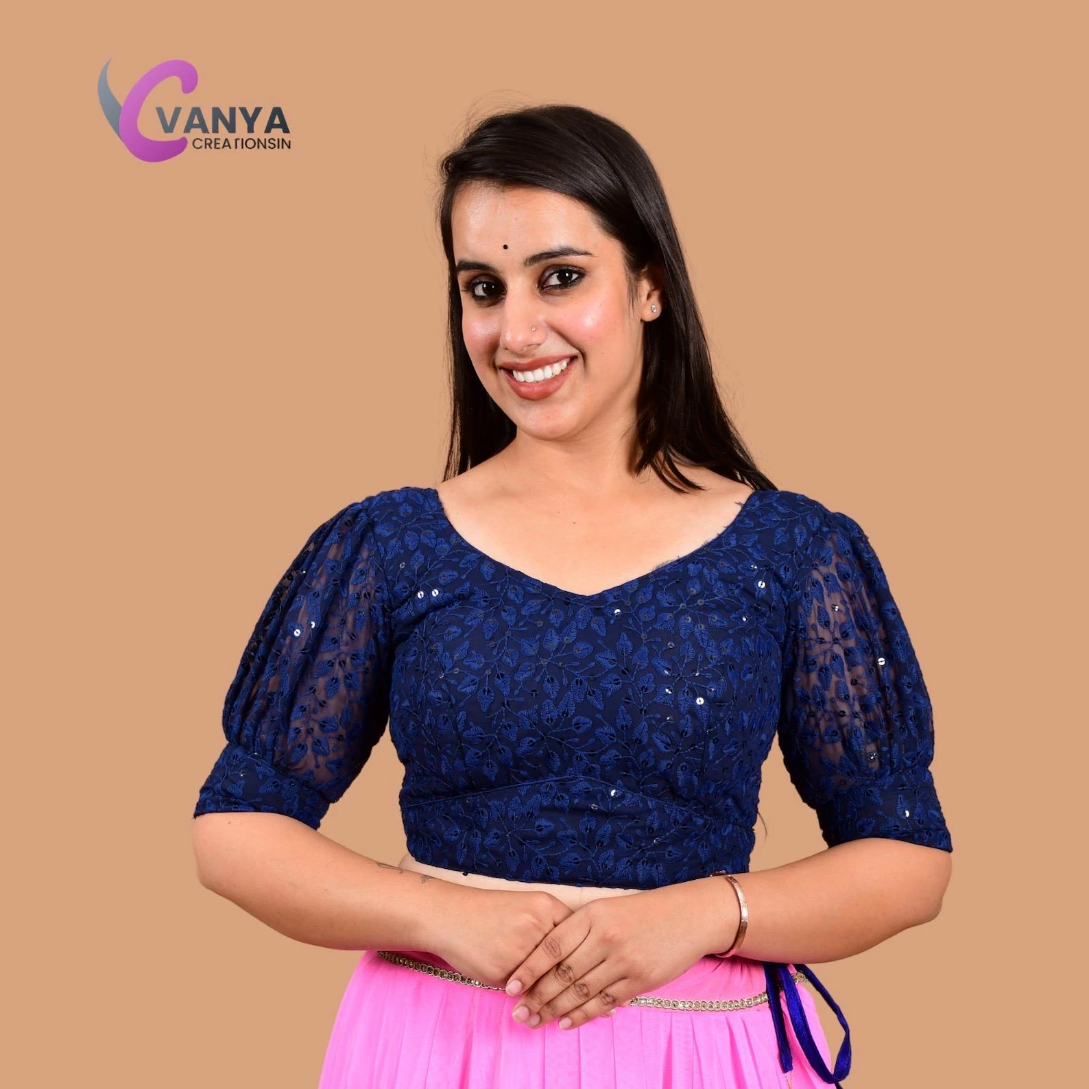 Chikankari embroidery Round-Neck Sleeves Cotton Saree Blouse - Non-Padded - Image 8