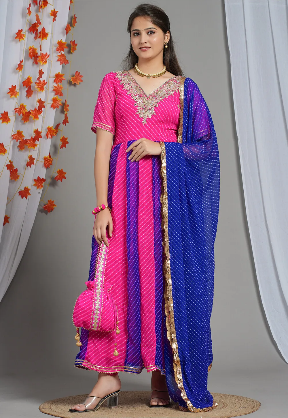 Leheriya Printed Georgette Dupatta in Royal Blue - Image 2