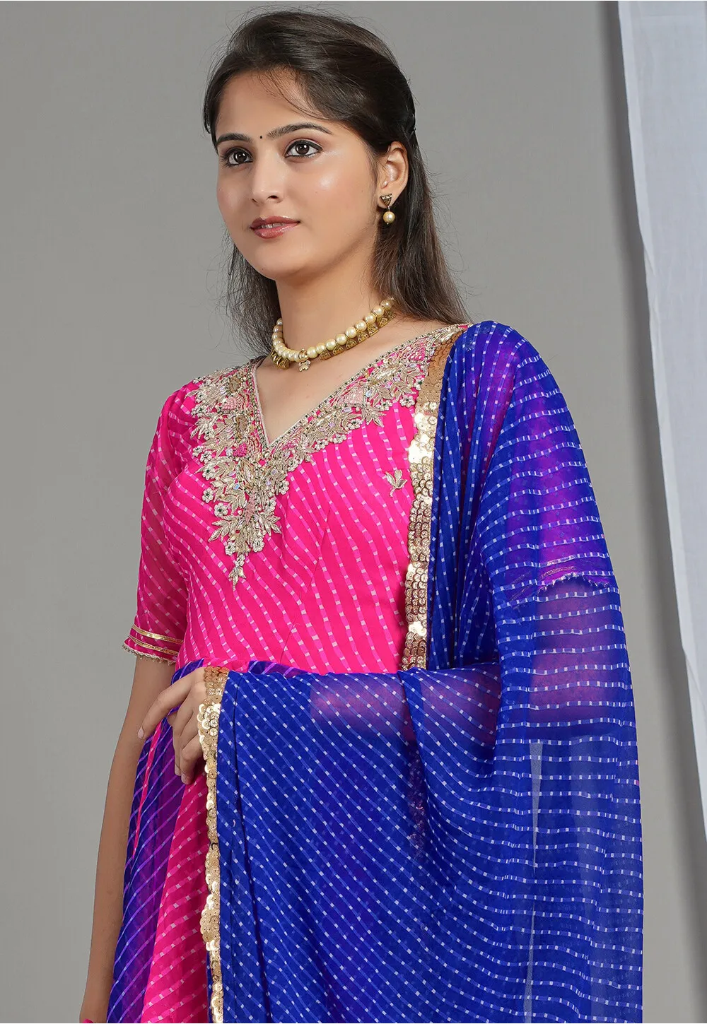 Leheriya Printed Georgette Dupatta in Royal Blue - Image 3